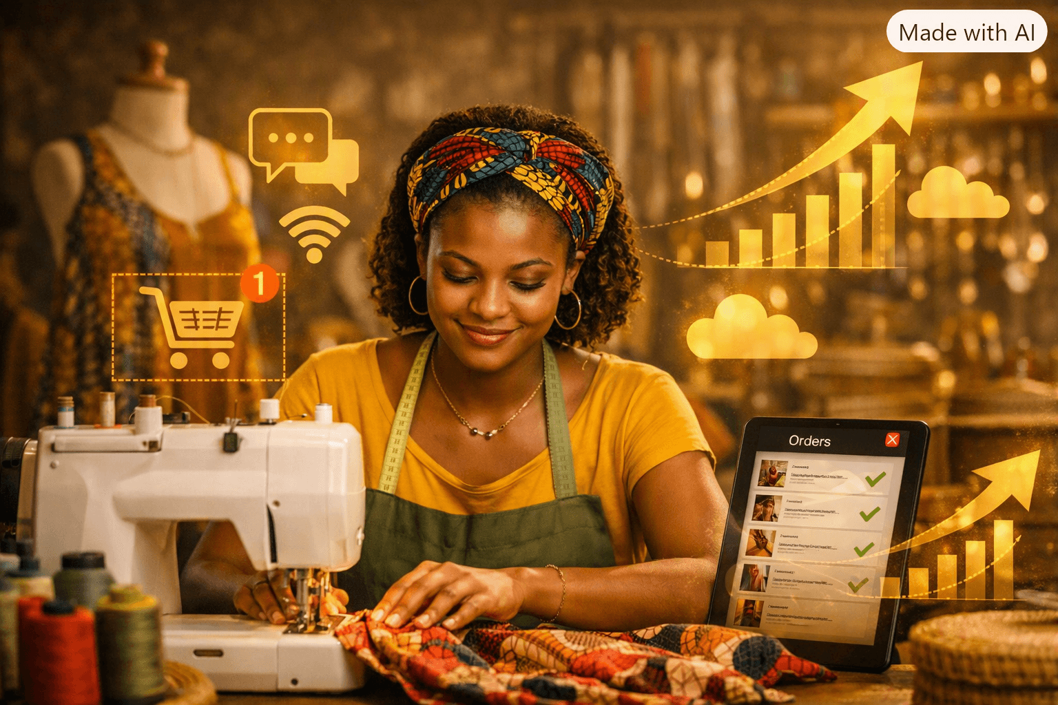 Créatrice camerounaise réalisant une couture sur mesure
