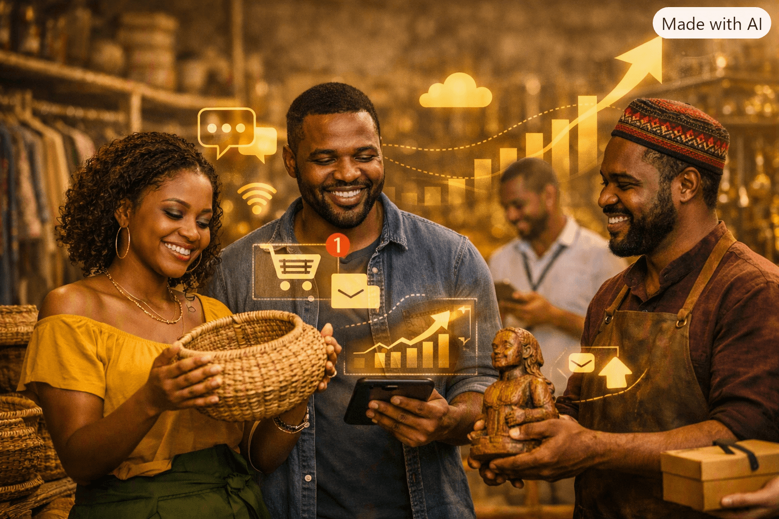 Clients découvrant des produits artisanaux camerounais avec ArtisanConnect